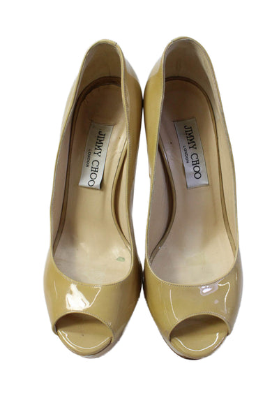 Jimmy Choo Womens Patent Leather Platform Peep Toe Pumps Beige Size 36 6