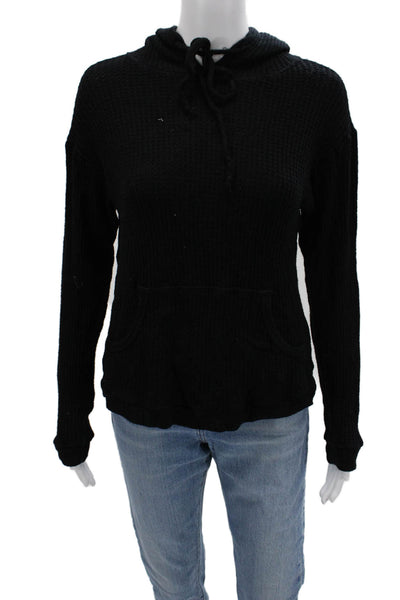 Bleusalt Women Pullover Hoodie Black Drawstring Modal Spandex Long Sleeve Size 1
