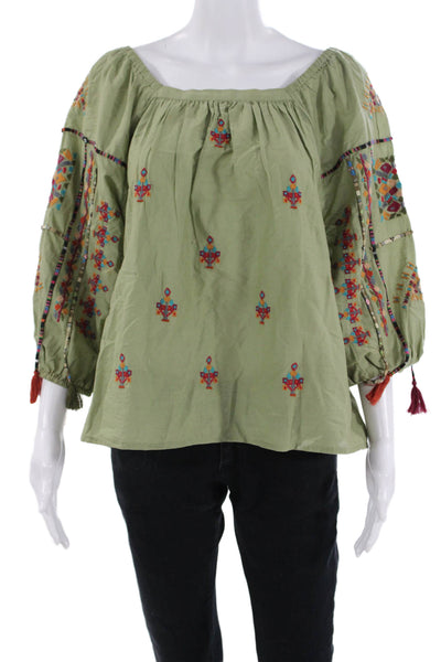 Sundance Women Tunic Green Geometric Cotton Square Neck 3/4 Sleeve Boho Size S