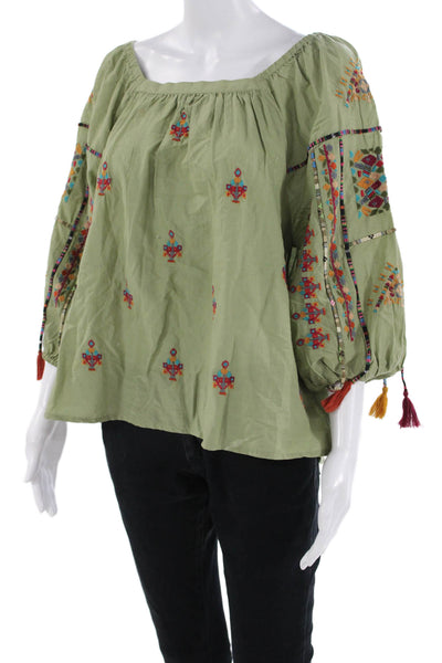 Sundance Women Tunic Green Geometric Cotton Square Neck 3/4 Sleeve Boho Size S