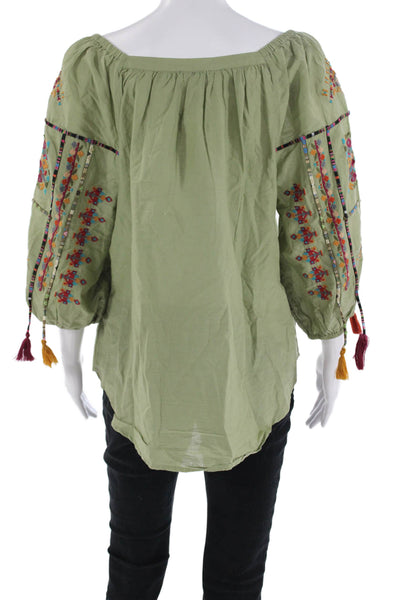 Sundance Women Tunic Green Geometric Cotton Square Neck 3/4 Sleeve Boho Size S