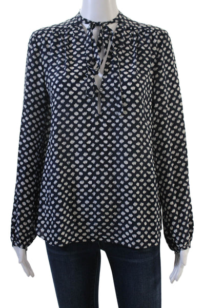 Theory Women Dark Blue Silk Polka Dot Tie Neck Long Sleeve Blouse Petite Size S