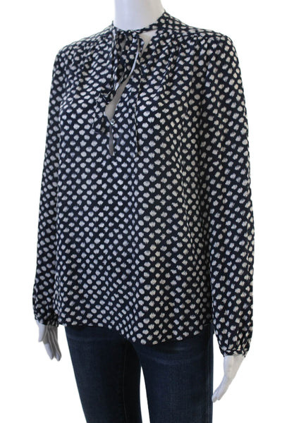 Theory Women Dark Blue Silk Polka Dot Tie Neck Long Sleeve Blouse Petite Size S