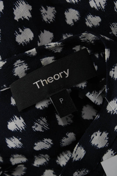 Theory Women Dark Blue Silk Polka Dot Tie Neck Long Sleeve Blouse Petite Size S