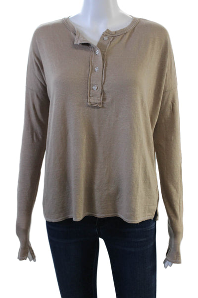 NSF Women Beige Linen Jersey Button-Up Long Sleeve Round Neck Top Size S