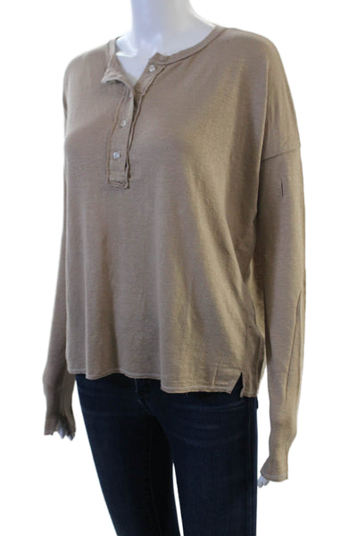 NSF Women Beige Linen Jersey Button-Up Long Sleeve Round Neck Top Size S