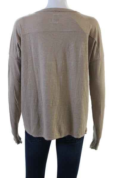 NSF Women Beige Linen Jersey Button-Up Long Sleeve Round Neck Top Size S