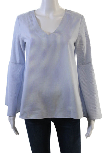 Zara Women Light Blue Striped V-Neck Cotton Tunic Long Sleeve Size XS