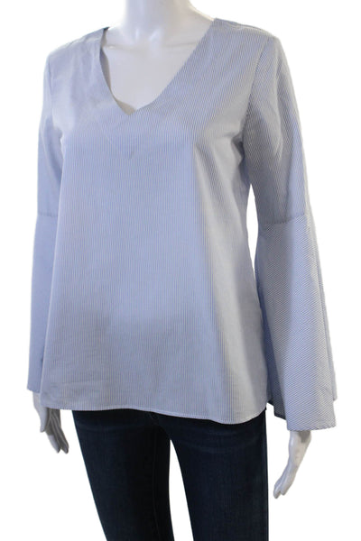 Zara Women Light Blue Striped V-Neck Cotton Tunic Long Sleeve Size XS