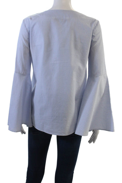 Zara Women Light Blue Striped V-Neck Cotton Tunic Long Sleeve Size XS