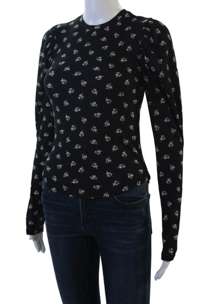 Aqua Womens Black Floral Long Sleeve Crew Neck T-Shirt Size XS