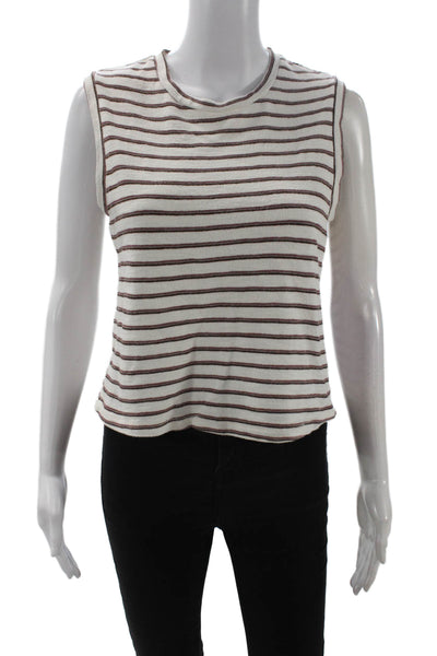 Amo Women Cropped Striped Cotton Crew Neck Tank Sleeveless White Size S