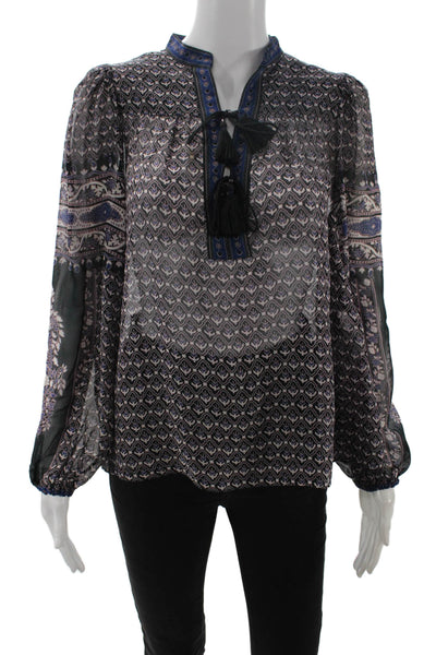 Ulla Johnson Women Bohemian Geometric Silk Drawstring Long Sleeve Blouse Size 0