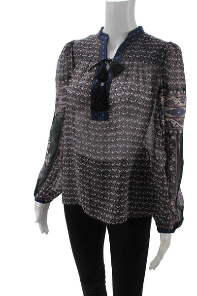 Ulla Johnson Women Bohemian Geometric Silk Drawstring Long Sleeve Blouse Size 0