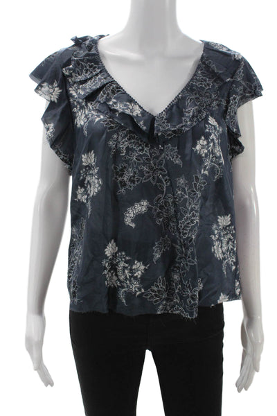 Go Silk Womens Dark Blue Silk V-Neck Floral Sleeveless Blouse Size S