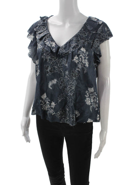 Go Silk Womens Dark Blue Silk V-Neck Floral Sleeveless Blouse Size S
