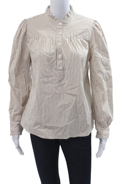 Vineyard Vines Womens Striped Highneck Button Blouse Beige Long Sleeve Size M