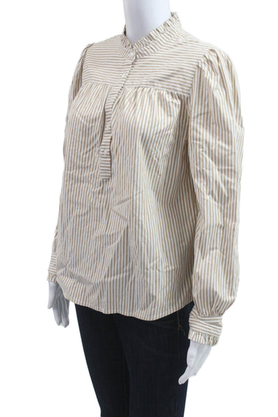 Vineyard Vines Womens Striped Highneck Button Blouse Beige Long Sleeve Size M