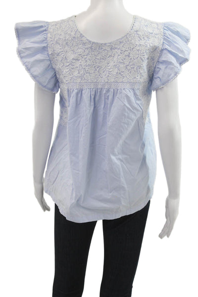 J. Marie Women Tunic Blouse Light Blue Cotton Blend Short Sleeve Boho Size S