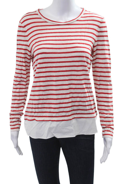 Tory Burch Women Striped Long Sleeve Cotton Blend Jersey T-Shirt Red Size M