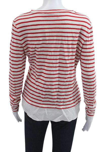 Tory Burch Women Striped Long Sleeve Cotton Blend Jersey T-Shirt Red Size M