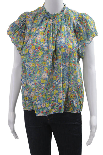 Birds of Paradis Women Blue Cotton Floral High Neck Short Sleeve Blouse Size S