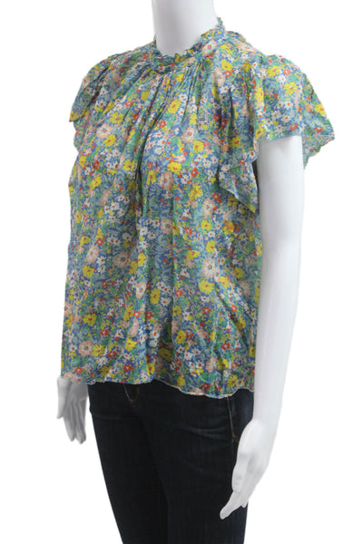 Birds of Paradis Women Blue Cotton Floral High Neck Short Sleeve Blouse Size S