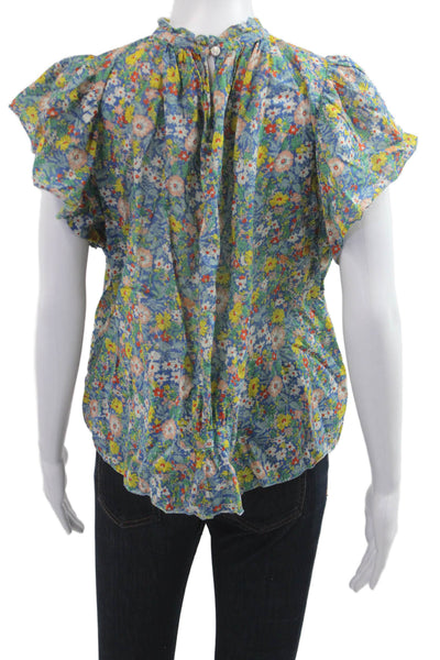 Birds of Paradis Women Blue Cotton Floral High Neck Short Sleeve Blouse Size S