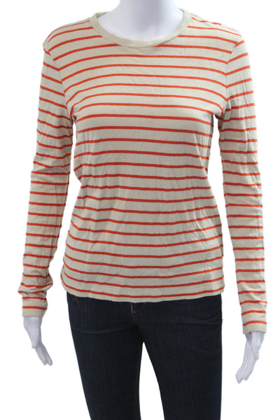 Faherty Women Jersey T-Shirt Beige Striped Crew Neck Long Sleeve Size S