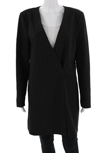 BCBGMAXAZRIA Women Overcoat Blazer Black Striped V-Neck Long Sleeve Size L