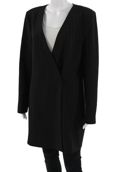 BCBGMAXAZRIA Women Overcoat Blazer Black Striped V-Neck Long Sleeve Size L