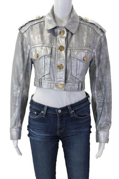 Balmain Women Military Jacket Gray 100% Cotton Collared Long Sleeve Size 34
