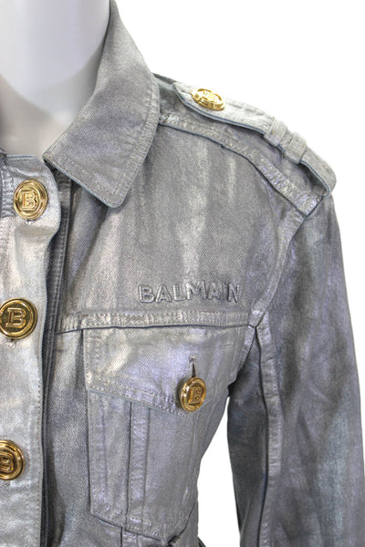 Balmain Women Military Jacket Gray 100% Cotton Collared Long Sleeve Size 34