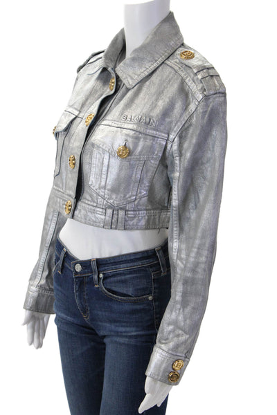 Balmain Women Military Jacket Gray 100% Cotton Collared Long Sleeve Size 34