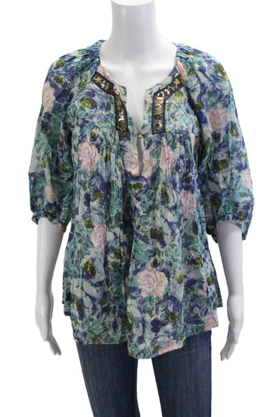 Rebecca Taylor Women Silk V-Neck Tunic Blouse Floral 3/4 Sleeve Blue Size 4