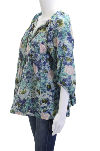 Rebecca Taylor Women Silk V-Neck Tunic Blouse Floral 3/4 Sleeve Blue Size 4
