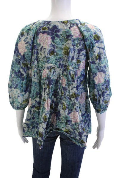 Rebecca Taylor Women Silk V-Neck Tunic Blouse Floral 3/4 Sleeve Blue Size 4