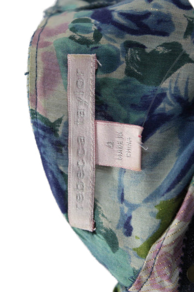 Rebecca Taylor Women Silk V-Neck Tunic Blouse Floral 3/4 Sleeve Blue Size 4