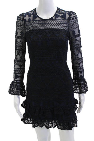 Parker Womens Bodycon Mini Dress Navy Geometric Crewneck Longsleeve Size XS