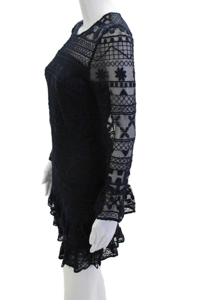 Parker Womens Bodycon Mini Dress Navy Geometric Crewneck Longsleeve Size XS