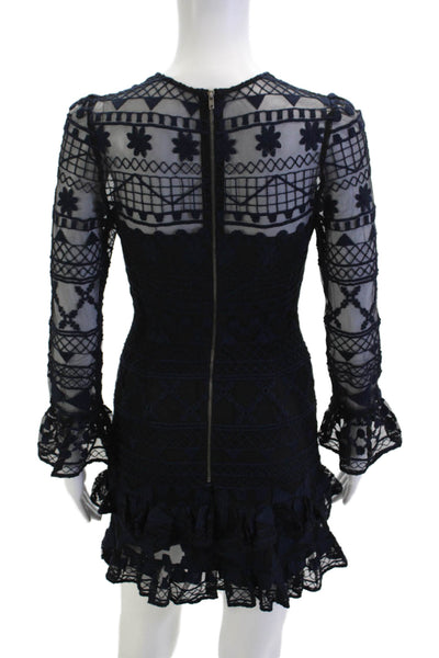 Parker Womens Bodycon Mini Dress Navy Geometric Crewneck Longsleeve Size XS