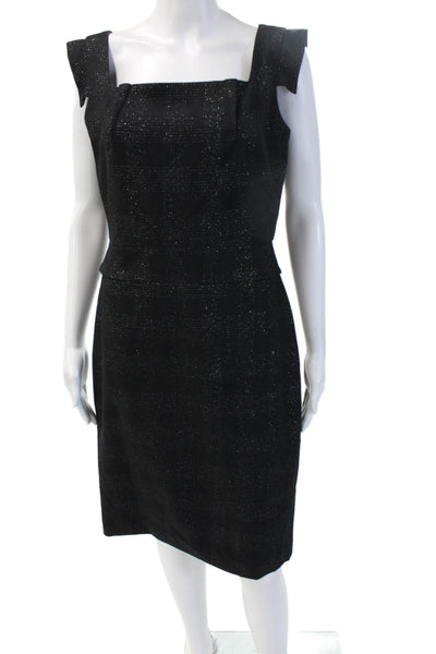 Club Monaco Womens Sheath Pencil Dress Black Sleeveless Square Neck Check Size 8