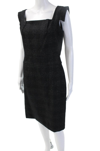 Club Monaco Womens Sheath Pencil Dress Black Sleeveless Square Neck Check Size 8