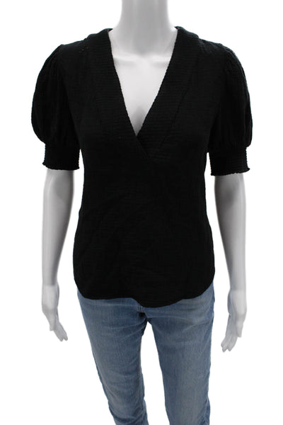Sundays Women V-Neck Black Cotton Short Sleeve Blouse Classic Size M