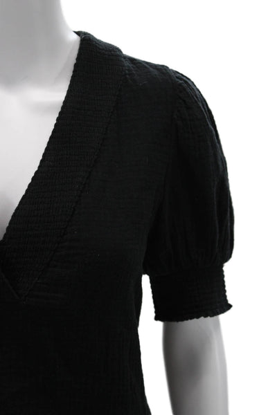 Sundays Women V-Neck Black Cotton Short Sleeve Blouse Classic Size M