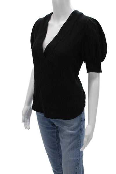 Sundays Women V-Neck Black Cotton Short Sleeve Blouse Classic Size M