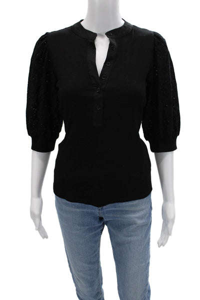 six/fifty Women Button-Up Mock Neck 3/4 Sleeve Cotton Top Black Size M