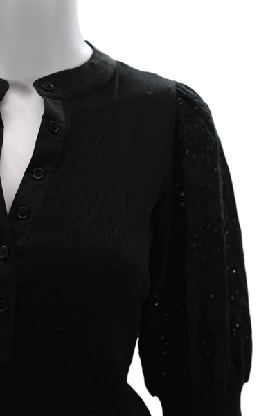 six/fifty Women Button-Up Mock Neck 3/4 Sleeve Cotton Top Black Size M