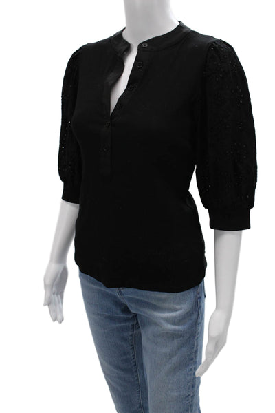 six/fifty Women Button-Up Mock Neck 3/4 Sleeve Cotton Top Black Size M