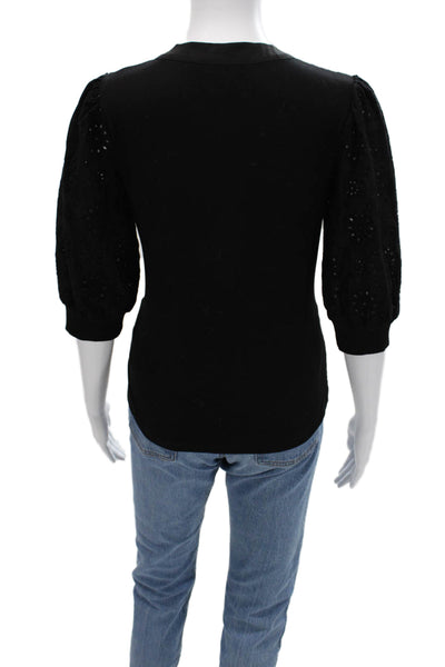 six/fifty Women Button-Up Mock Neck 3/4 Sleeve Cotton Top Black Size M